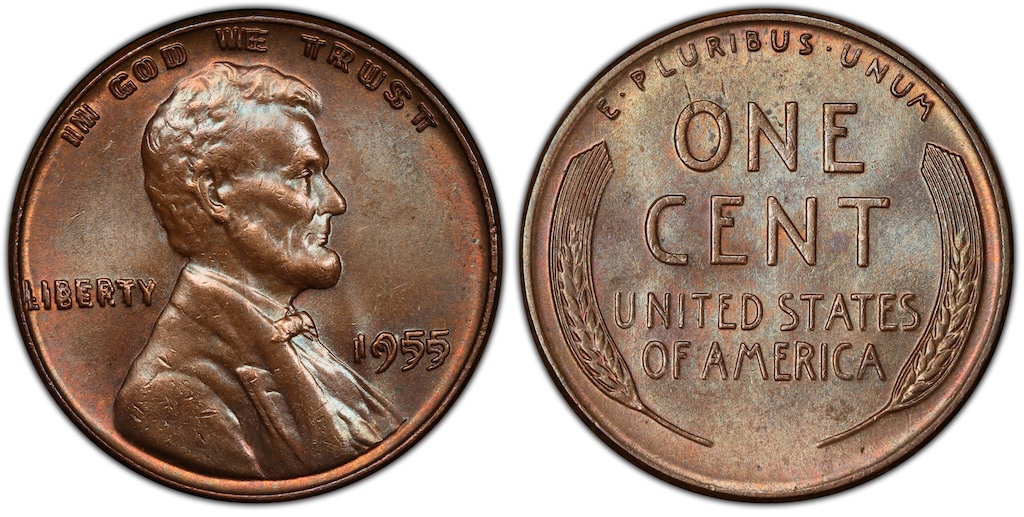 Close-up of 1955 doubled die obverse FS-101 showing dramatic doubling on date 1955 and LIBERTY inscription