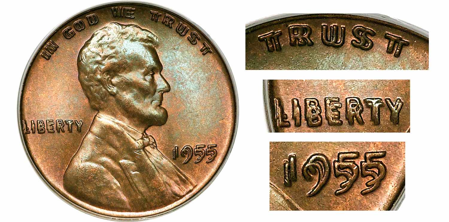 1955 wheat penny Doubled Die Reverse (DDR) showing doubling on wheat stalks and ONE CENT lettering under magnification