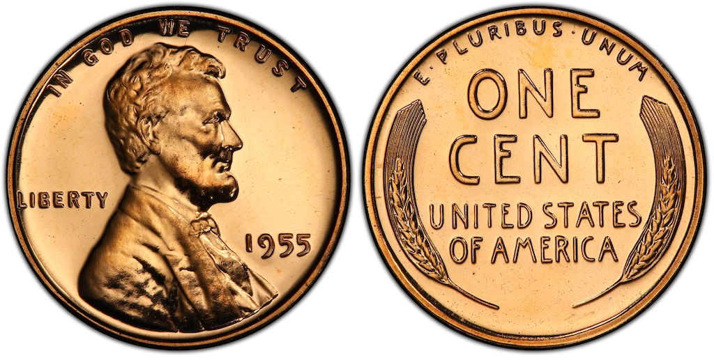 Group of 1955 wheat pennies from all three mints — Philadelphia, Denver, and San Francisco — displayed side by side