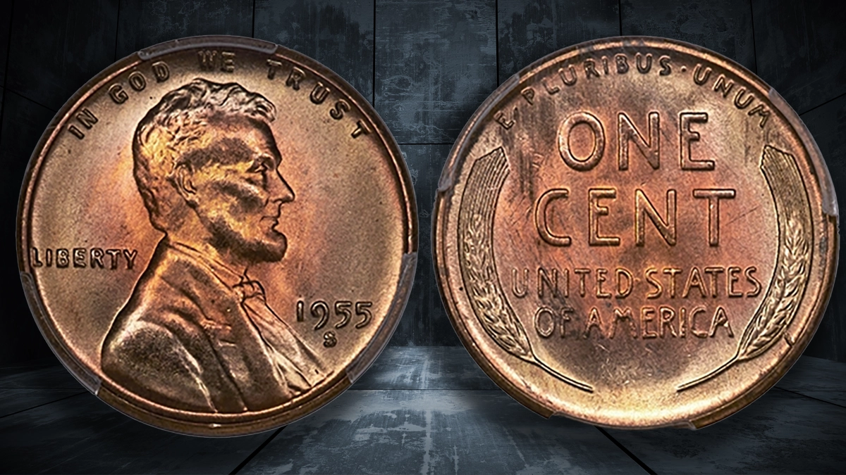 1955 wheat penny grading strip showing four specimens from worn Good grade through gem Mint State 65 red condition